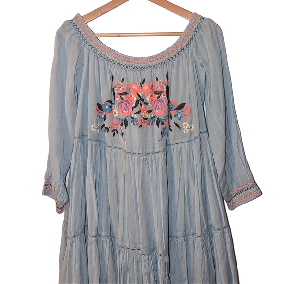 Free People Sunbeams Embroidered Boho Off Shoulder 3/4 Sleeve Lined Mini Dress - Picture 6 of 13
